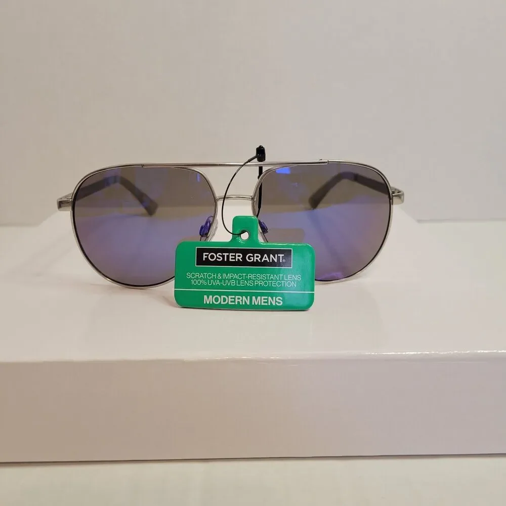 Foster Grant Modern Men’s Aviator Sunglasses Blue Tint Silver Frame NWT